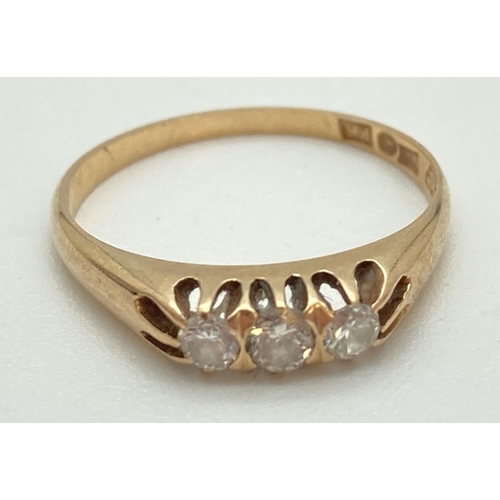 1107 - An antique 18ct gold diamond trilogy ring with raised claw setting. Fully hallmarked inside band. Ri... 