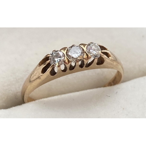 1107 - An antique 18ct gold diamond trilogy ring with raised claw setting. Fully hallmarked inside band. Ri... 