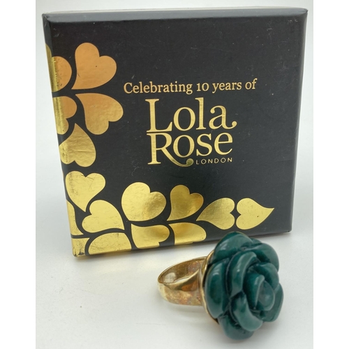 1142 - A boxed Lola Rose silver gilt dress ring with large carved green stone in the form of a rose. Made t... 