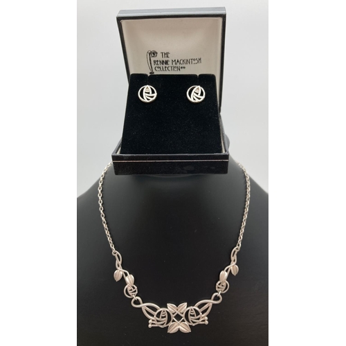 1143 - A boxed 925 silver Rennie Mackintosh Collection necklace & matching earrings. Art Nouveau style fixe... 