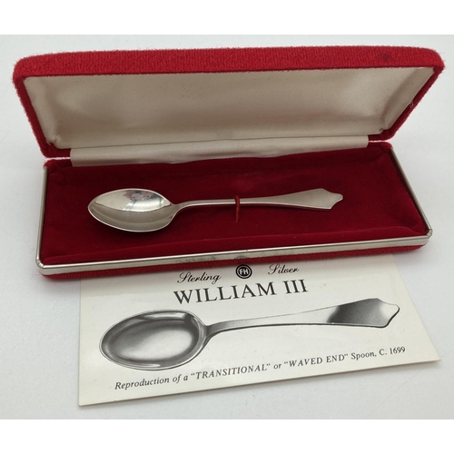 1213 - A boxed silver teaspoon, a reproduction of a William III waved end spoon. Complete with certificate,... 