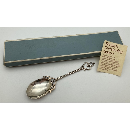 1217 - A Scottish silver christening spoon with intertwined hearts and twist design handle. Inspired by the... 