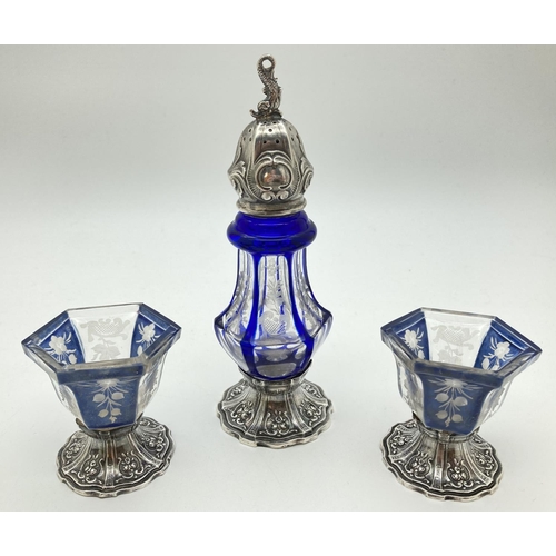 1230 - A vintage blue Bohemia glass and sterling silver hexagonal shaped 3 piece cruet. A silver footed sif...