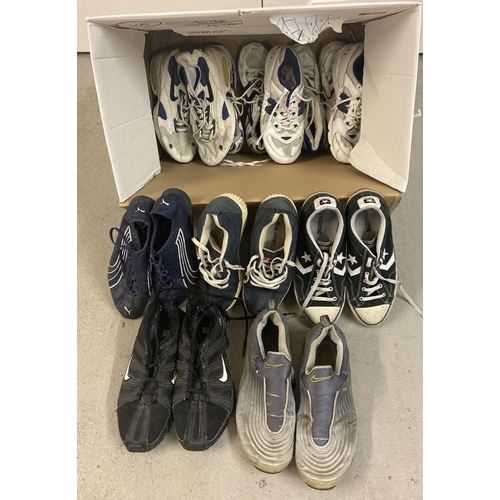 50 - A box of men's worn trainers to include Converse, Nike, New Balance, Reebok and Williams F1.