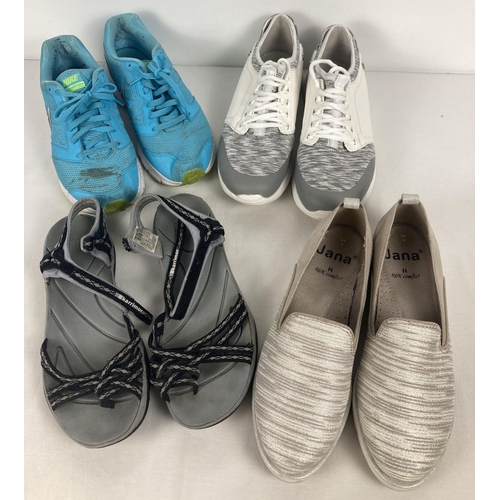 53 - 4 pairs of womens worn sports shoes, all size 6. A pair of blue Nike trainers and Karrimor sandles (... 