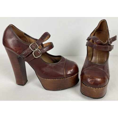5 - A pair of vintage 1970's brown leather chunky platform double buckle shoes. By Freeman Hardy & Willi... 