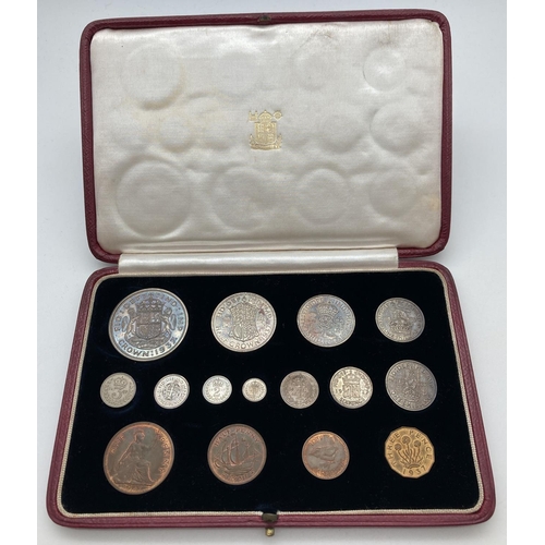 42 - A 1937 Royal Mint George VI 15 coin proof specimen set, to include Maundy coins. In original red lea... 