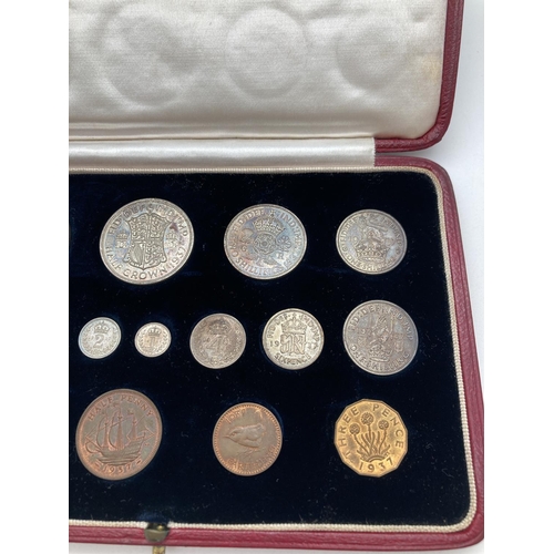 42 - A 1937 Royal Mint George VI 15 coin proof specimen set, to include Maundy coins. In original red lea... 