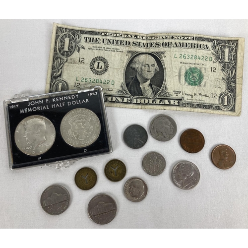 52 - A small collection of assorted American coins & a bank note. To include Cased John F. Kennedy Memori... 