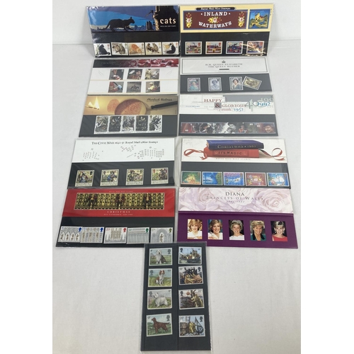 72 - 10 assorted Royal Mail Mint stamp presentation packs together with 4 carded & covered stamp sets. To... 