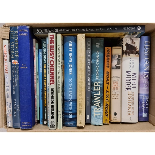 139 - A box of assorted books relating to ships, lifeboats, barges and boating.