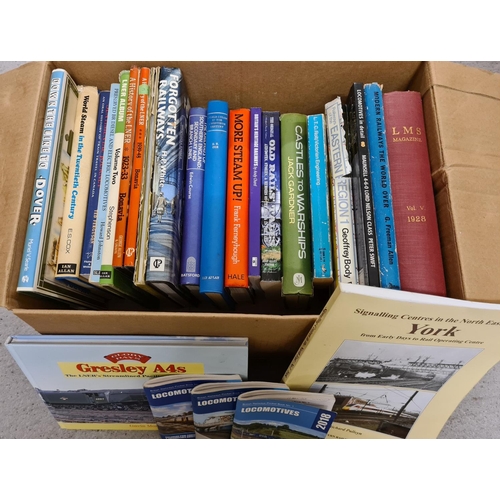 106 - A box of assorted books relating to trains and railways.