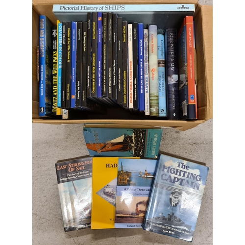 141 - A box of assorted books relating to ships, coasters and shipping.