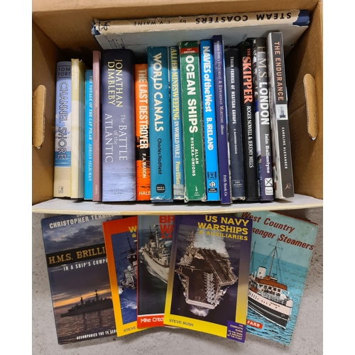 145 - A box of assorted books relating to ships, maritime and naval interest.