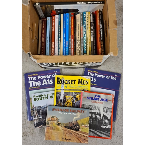 116 - A box of hardback and paperback books relating to railways and trains.