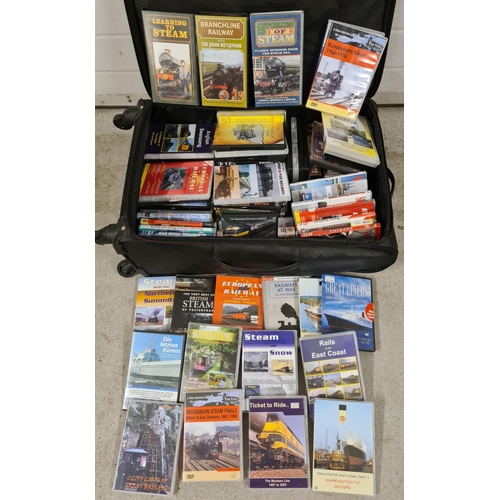 149 - A large suitcase full of DVD's and VHS cassettes relating to trains, ships and railways.