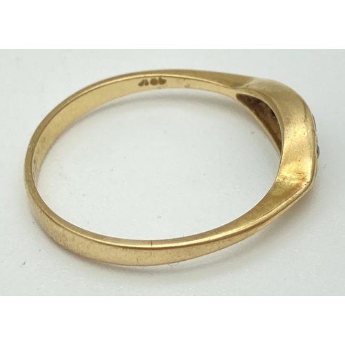 1033 - An 18ct gold and sapphire 3 stone ring with pointed oval shaped setting. Ring size N½, marked inside... 