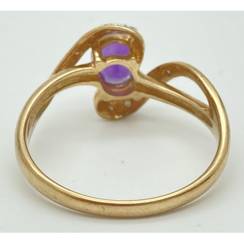 1044 - A 9ct gold, amethyst and diamond dress ring with twist style setting. Central oval cut amethyst (app... 