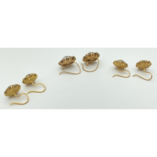 1039 - 3 pairs of vintage 9ct yellow gold earrings set with clear stones. All with hooked clasps. Smaller a... 