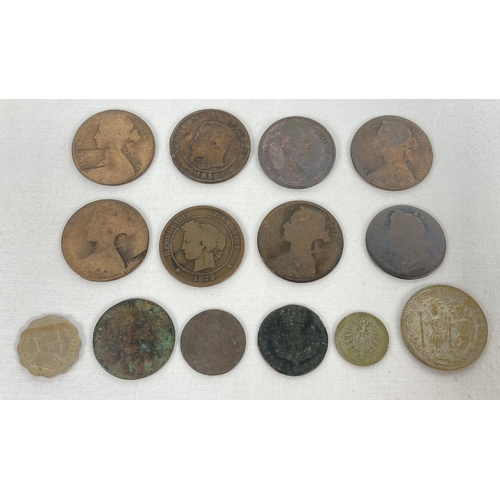 1224 - A small collection of antique coins in varying conditions. To include: Charles II copper Bawbee, Geo... 