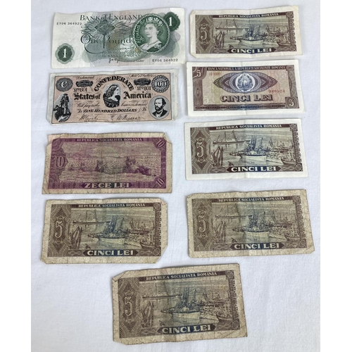 1225 - A collection of vintage bank notes, to include a 1960's One pound note and a collection of Romanian ... 