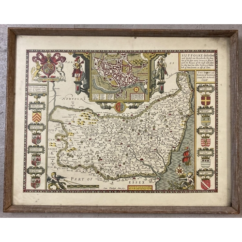 1324 - A mid century reproduction of a 17th century John Speed map of Suffolk. Framed & glazed, frame size ... 