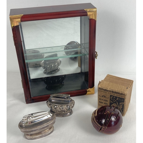 1340 - A small collection of misc. items. Comprising: a small wooden mirror backed display cabinet, 2 silve... 