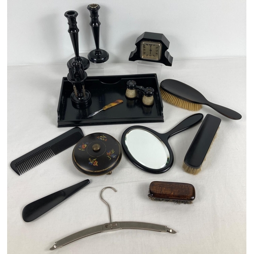 1347 - A collection of assorted vintage vanity items. To include ebony brush & mirror set, ebony dressing t... 