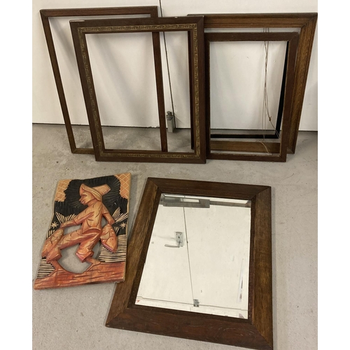 1388 - A collection of vintage wooden picture frames together with a dark oak framed mirror and a carved wo... 