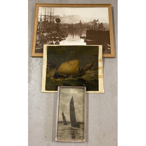 1390 - 3 vintage boating pictures. An antique oil on canvas - shows signs of damage (approx. 38.5cm x 43.5c... 