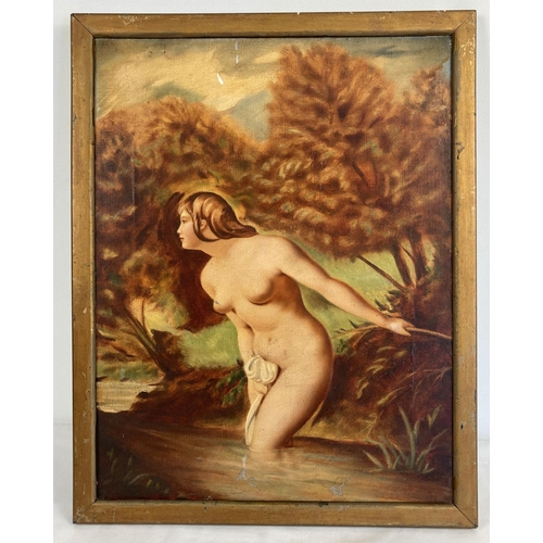 1391 - A vintage oleograph of a naked woman bathing in a river. Some cracking and flaking to canvas. Frame ... 