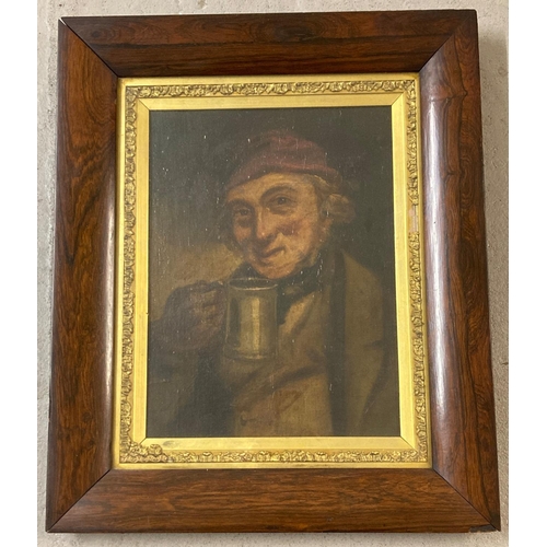 1394 - A 19th century oil painting of a Dutch gentleman drinking from a tankard. In dark wood frame and gil... 