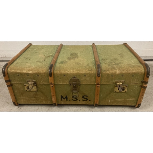 1437 - A vintage Boswell & Co, Oxford, canvas covered travelleing trunk. With light wood banding, leather h... 