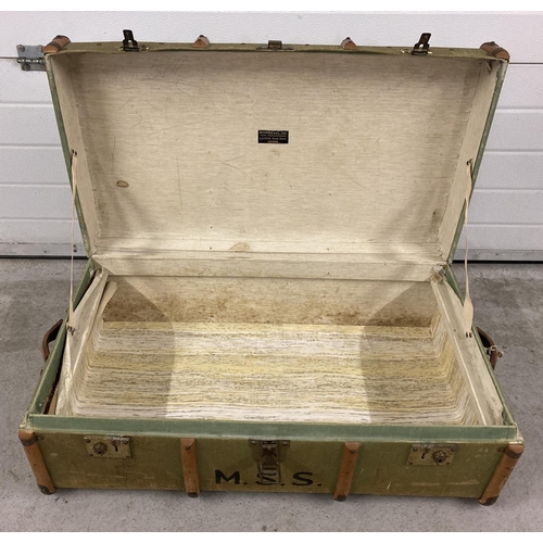 1437 - A vintage Boswell & Co, Oxford, canvas covered travelleing trunk. With light wood banding, leather h... 