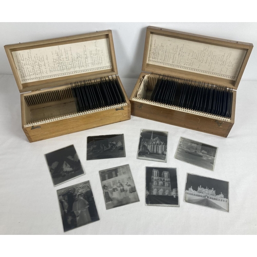 1333 - 2 vintage wooden cases of glass photographic slides, to include: people in period dress, mountain an... 