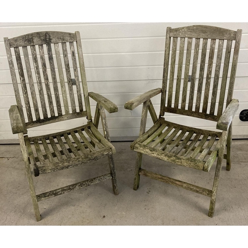 1412 - 2 reclining garden wooden chairs with slatted backs and seats.