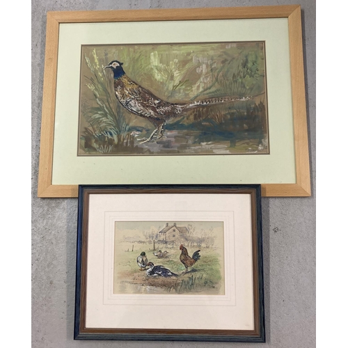 1396 - 2 framed and glazed watercolours of fowl. A signed farmyard scene of ducks & a chicken by the pond, ... 