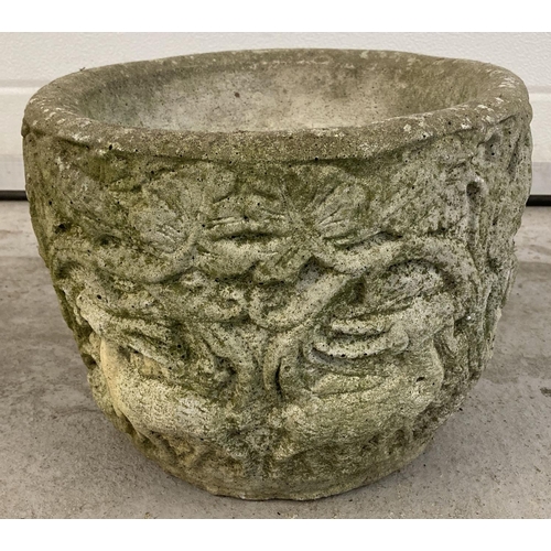 1415 - A vintage concrete garden planter decorated with carved bird and animal design. Approx. 24cm tall x ... 