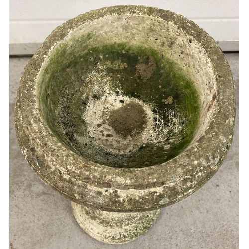 1416 - A vintage concrete garden bird bath with cherub design pedestal. Approx. 50cm tall x 27cm diameter.