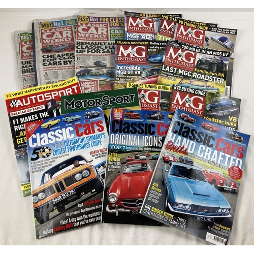 1387 - A box of assorted classic car magazines and papers to include MG enthusiast.