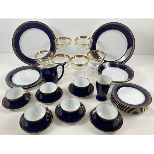 1283 - A collection of Romonov cobalt blue & gilt tea ware together with a set of 6 glass sundae glasses. A... 