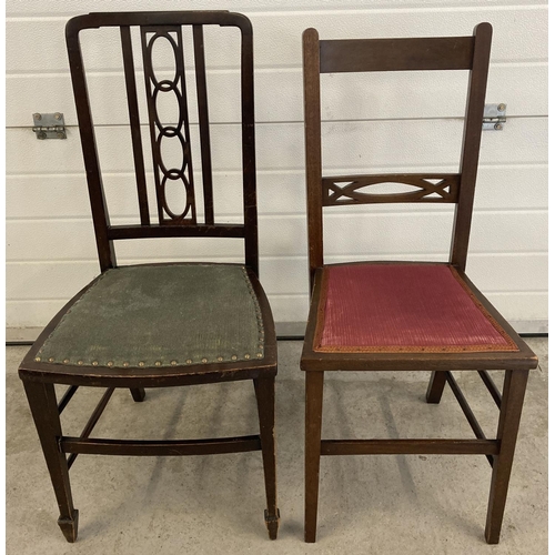 1451 - 2 vintage dark oak bedroom chairs with decorative detail to backs. Both have been reupholstered.