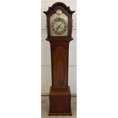 1263 - A vintage mahogany cased Tempus Fugit Grandmother clock with shaped top. Engraved detail to metal fa... 