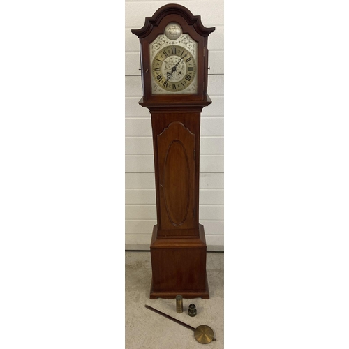 1263 - A vintage mahogany cased Tempus Fugit Grandmother clock with shaped top. Engraved detail to metal fa... 