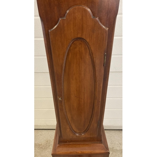 1263 - A vintage mahogany cased Tempus Fugit Grandmother clock with shaped top. Engraved detail to metal fa... 