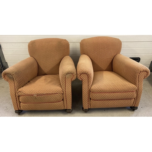 1463 - A pair of vintage 1930's horse hair armchairs. With wooden bun front feet, raised on brass castors. ... 