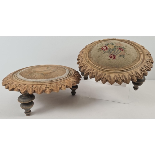 1363 - A pair of antique pine framed 3 legged stools with needlepoint embroidered cushions and turned legs.... 