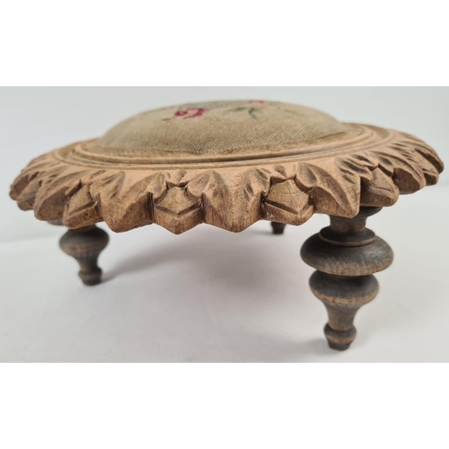 1363 - A pair of antique pine framed 3 legged stools with needlepoint embroidered cushions and turned legs.... 