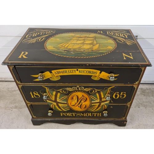 1466 - An early 20th century 3 drawer satin wood chest with later naval Admiralty records painted decoratio... 