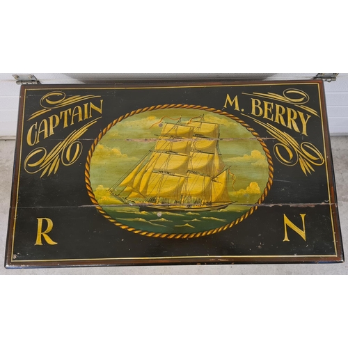 1466 - An early 20th century 3 drawer satin wood chest with later naval Admiralty records painted decoratio... 